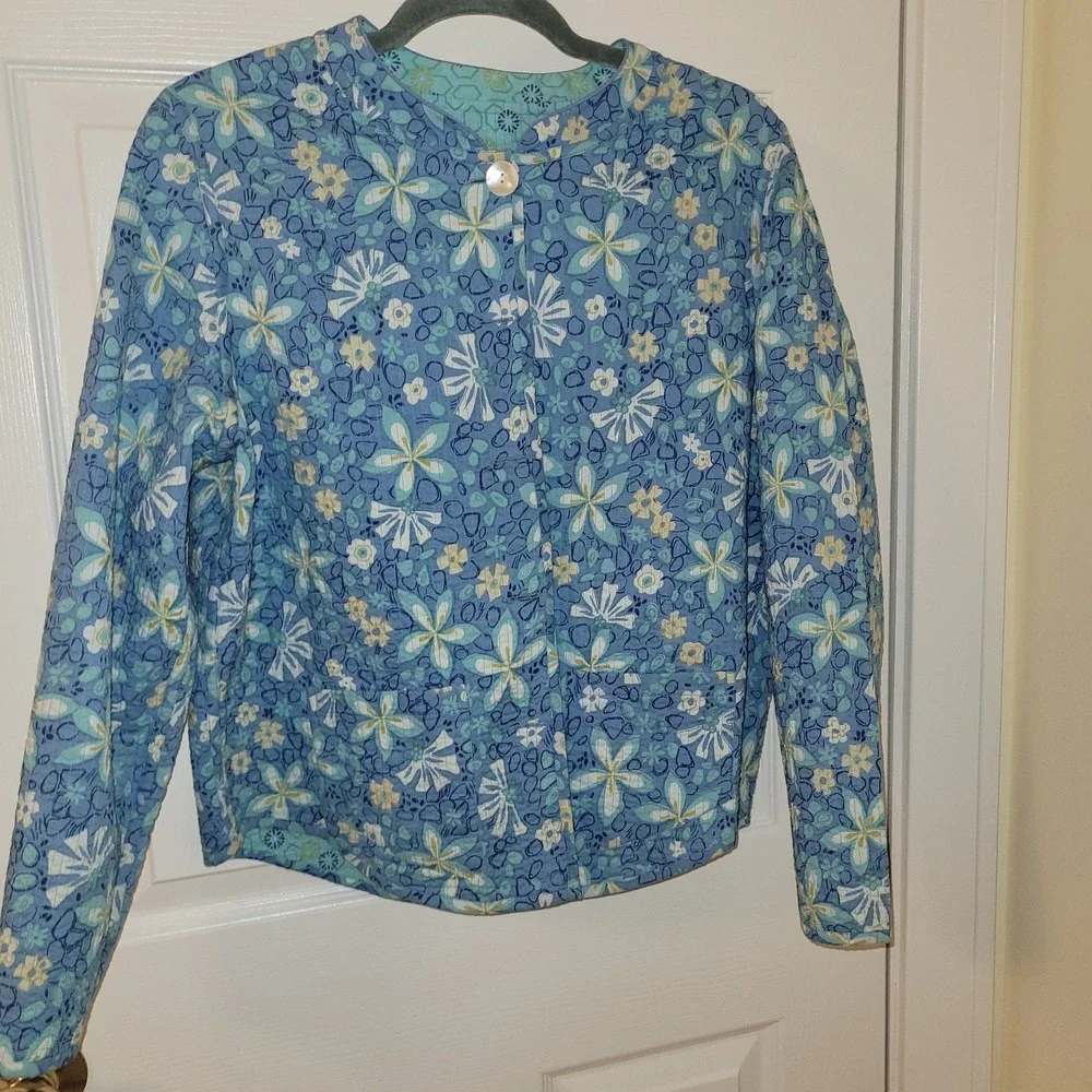 Nomadic Traders Reversible Quilted Jacket Teal Blue Floral Geometric Large - Picture 2 of 5